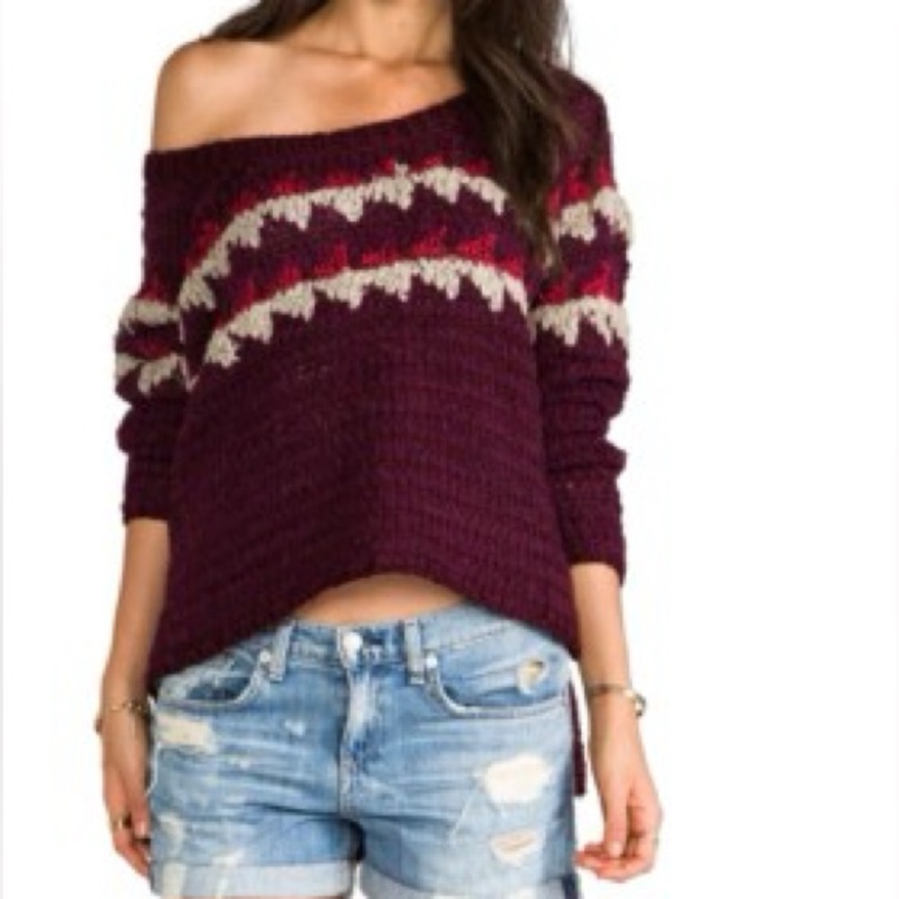 Free People Fuzzy FairIsle Sweater Burgundy Maroon Size M oversize GUC